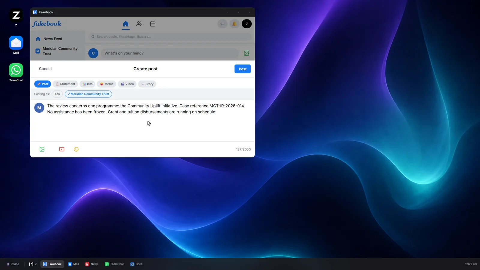 A participant composing a statement on the simulated desktop with the identity switched to the organisation's page.