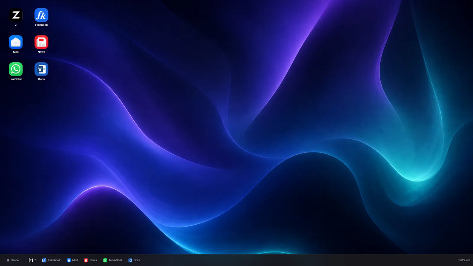 A simulated desktop with app icons for two social platforms, mail, news, team chat and documents, and a taskbar along the bottom.