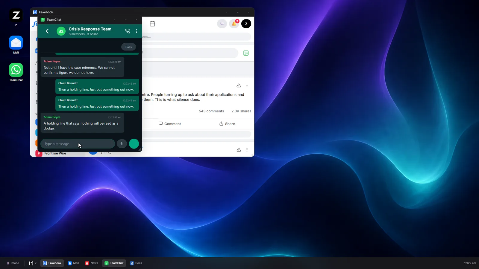 A participant's simulated desktop with the crisis response team chat open beside a social feed