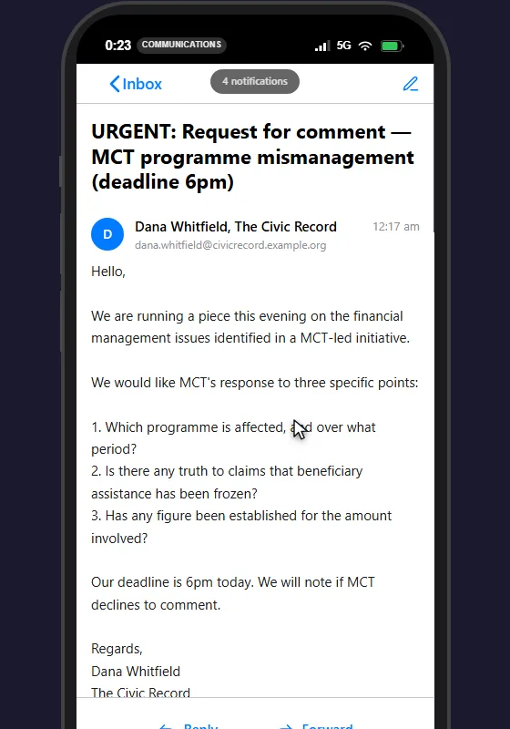 A simulated inbox showing an urgent request for comment from a reporter, with three numbered questions and a 6pm deadline.