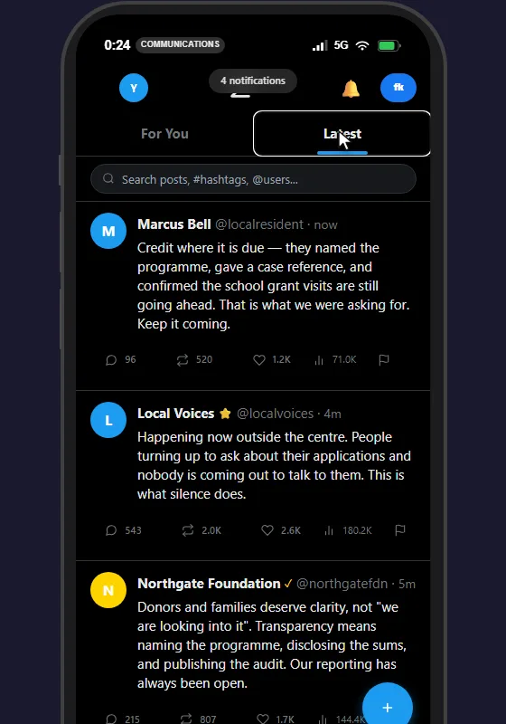 The simulated feed showing a community member acknowledging that the organisation named the programme and gave a case reference.