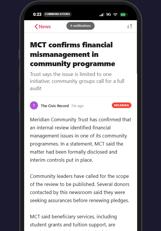 The simulated news app showing a breaking story about the organisation, with a Dispute / Request Correction button beneath it.