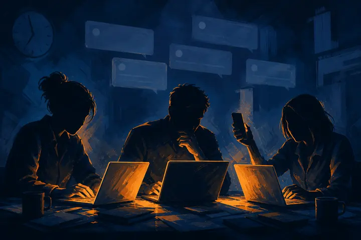Three people at laptops in a darkened room drafting public responses under time pressure