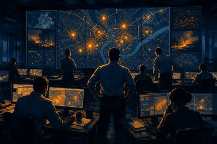 An emergency operations centre, figures at a wall of maps marked with incidents