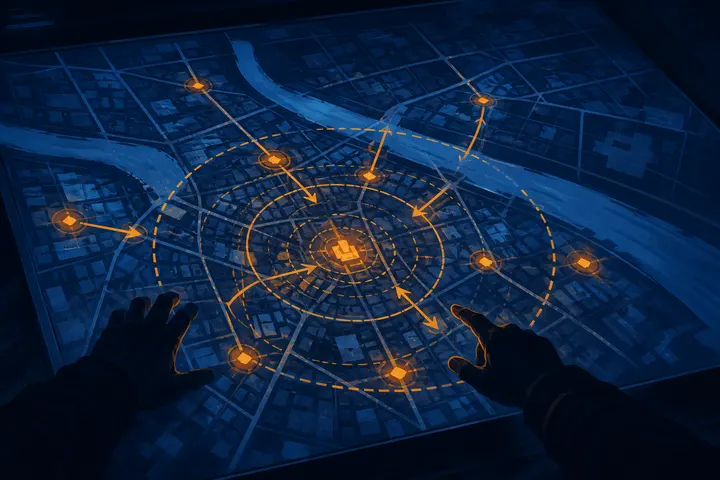 Hands working a tactical map marked with incident points, cordon rings and movement arrows
