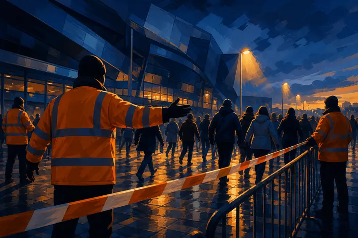 Responders in high-visibility jackets directing a crowd away from a venue at dusk