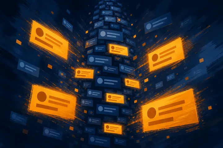 A column of abstract social posts multiplying outward, some glowing as they gain traction