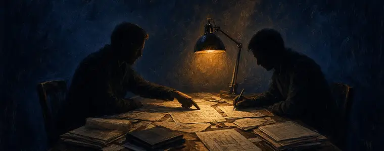 Two consultants at a table spread with plans and documents, working by lamplight