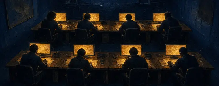 A room of participants at monitors during a live exercise, lit only by their screens