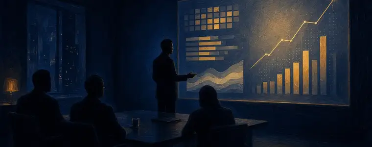 A findings session in a darkened boardroom, charts on a lit wall display