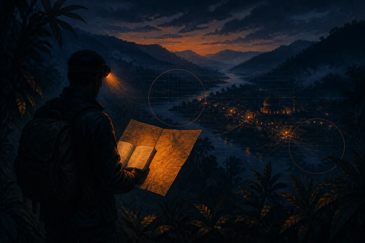 A field researcher at dusk on a ridgeline in Mindanao, annotated map in hand, overlooking a valley of scattered lights